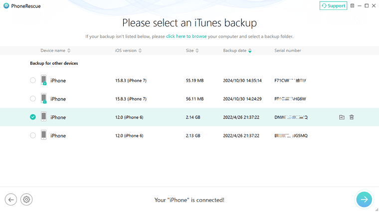 Select an iTunes backup in PhoneRescue for iOS