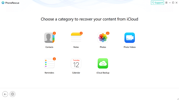 Choose an iCloud category in PhoneRescue for iOS
