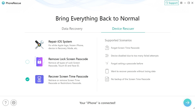 PhoneRescue for iOS’s Remove Screen Time Passcode feature